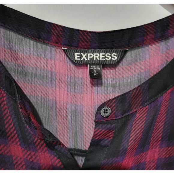 Express women's Burgundy plaid roll up sleeves semi-sheer Blouse  - small - Picture 7 of 8